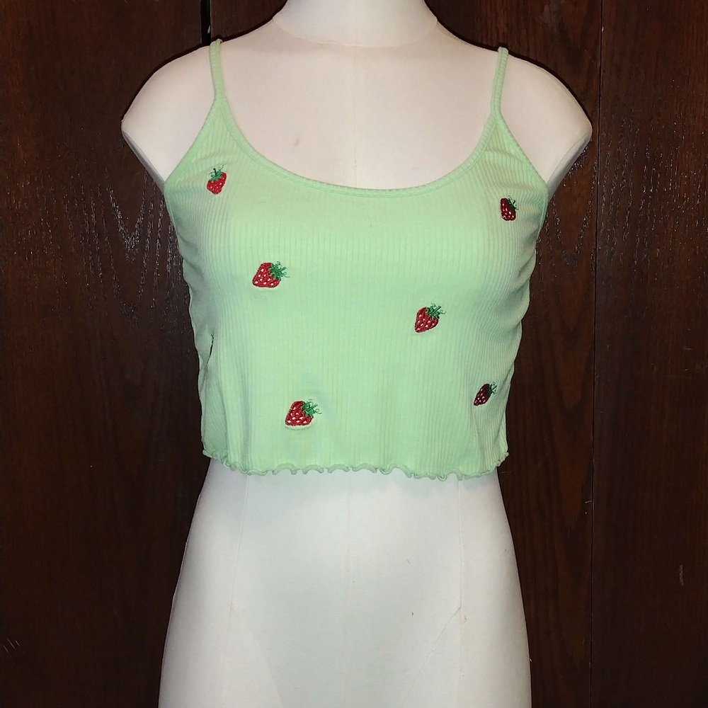 Bright green rib knit strawberry top
